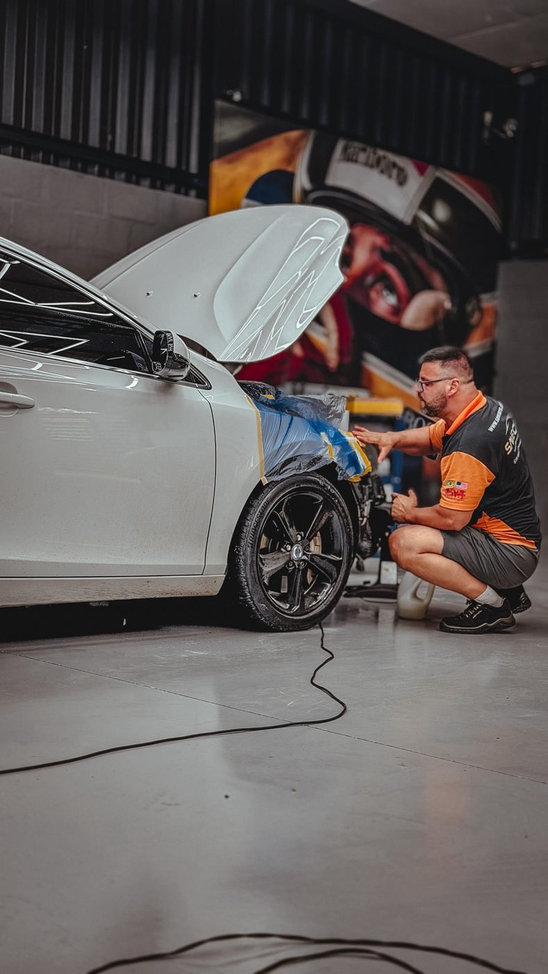 Aplicação de tinta com pistola em reparação fast de pintura automotiva